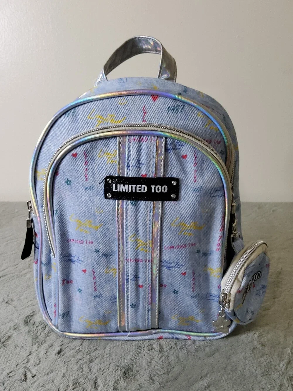 Limited Too Girl's Mini Backpack with Holographic Trim and Pastel Prints Demin